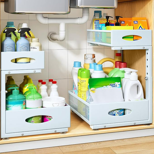 Under Sink Organizer, 2 Pack 2 Tier Pull Out Under Cabinet Organizer Shelf with Pad for Framed Cabinets, Metal Slide Out Under Sink Storage, Mesh Sliding Drawers for Kitchen Bathroom Laundry, Blue