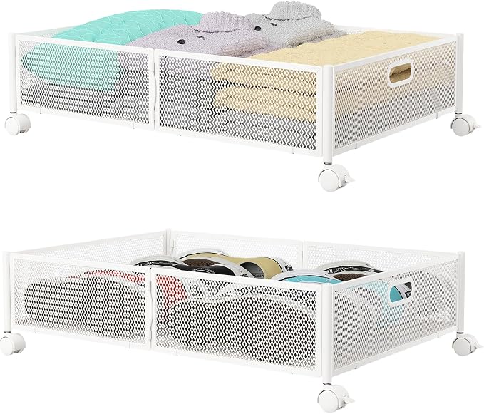 PHINOX Under Bed Storage with Wheels & Handle,Sturdy Metal,2 Pack,White | Tool-free assembly, glide smoothly, easy reach, foldable, maxmazie low-profile beds, dorm, keep seasonal clothes, shoes fresh