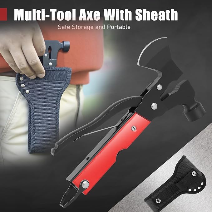 Leopcito 14-In-1 Multitool Camping Hammer - Survival Gear with Axe, Knife, Screwdriver, Pleirs, Saw, Bottle Opener and More -Portable Outdoor Tool Gift with Nylon Sheath for Men & Dad