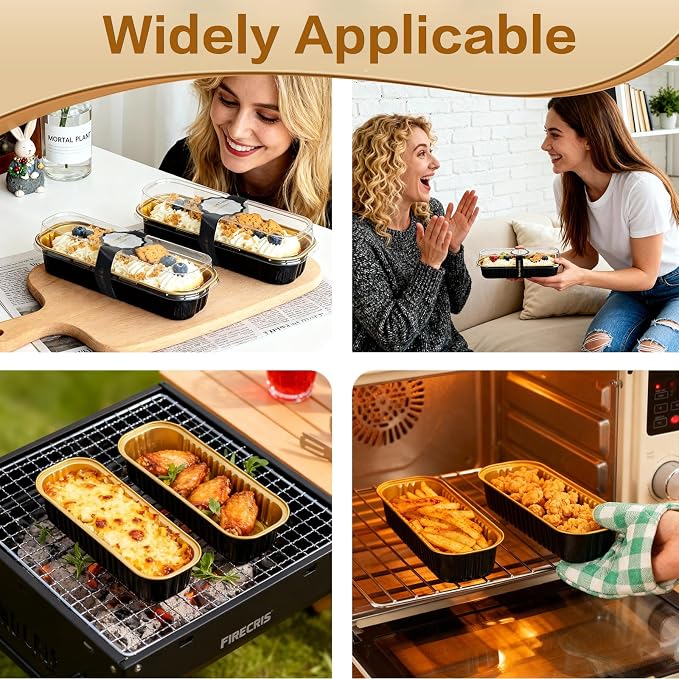 100 Pack Mini Cake Pans with Lids and Spoons, Mini Loaf Baking Pans 6.8oz, Small Disposable Aluminum Foil Loaf Pans, Rectangular Baking Container for Party and Picnics, Cheesecake Pan (Black)