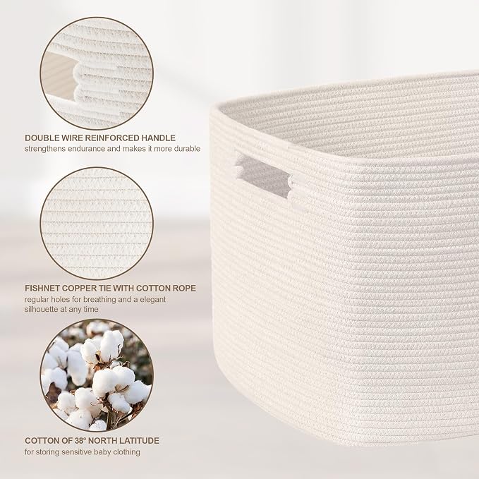 86L Large Woven Laundry Basket Hamper with Handles, White | collapsible wicker hamper, storage for dirty clothes, toys, blankets, gifts, living room, bedroom, bathroom, 24"x16"x14"