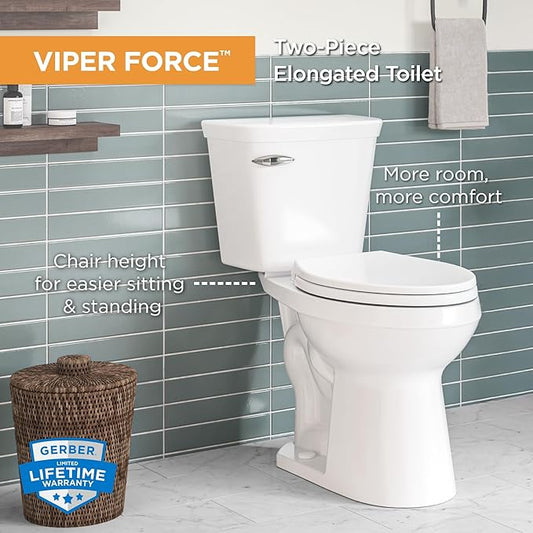 Gerber Viper Force Elongated Two-Piece Toilet with 12-in Rough-in, ADA Compliant Chair Height, High Efficiency 1.28 GPF, Soft-Close Seat and Install Kit with Wax Ring Included, White, GRS48352