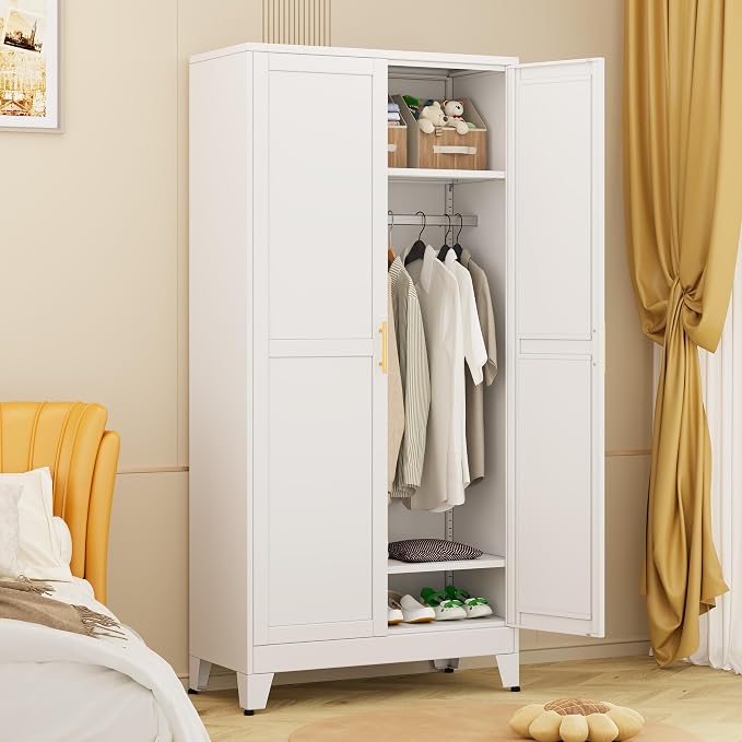 winiowa Metal Armoire Wardrobe Closet with 2 Doors, 71"' Wardrobe Cabinet with Adjustable Shelves and Hanging Rod, Clothing Storage Cabinet Closet for Bedroom-White