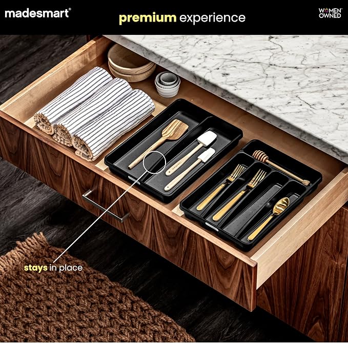 madesmart 2 Compartment Drawer Organizer, Multi-Purpose Storage for Kitchen, Office & Bathroom, Non Slip, Soft Grip Lining, Easy-Clean Design, Black