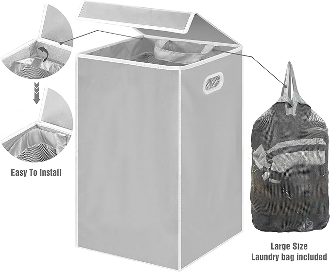Simple Houseware Foldable Laundry Hamper Basket with Lid and Bag, Gray