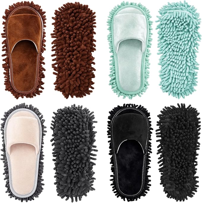 Jecery 4 Pair Washable Microfiber Mop Slippers Detachable Dusting Shoes for Floor Cleaning, Office & Home Use Suitable for Women & Men(Gray,Brown,Black,Sky Blue,L Size)