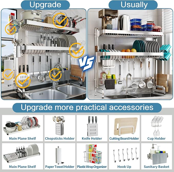 LIVOD Over The Sink Dish Drying Rack,3 Tier Adjustable Length Full Stainless Steel Large Storage Kitchen Dish Rack,for Kitchen Counter Expandable Multifunctional Organizers,Silver (25.98-37.6")