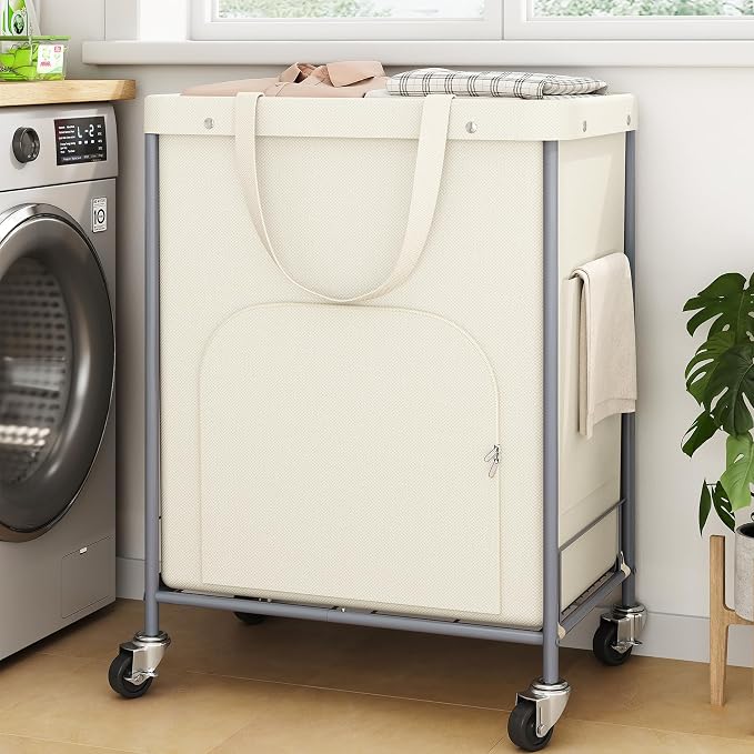 170L Large Laundry Basket with Wheels, Rolling Laundry Hamper Easy Access Clothing Minimizes Bending, Laundry Cart with 4 Silent Casters & Removable Bag for Bedroom, Bathroom, Laundry Room, Beige