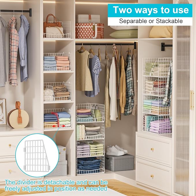 Hongtamoya 4-Tier Closet Organizers and Storage Basket with Divider, Foldable Closet Shelf Organizer System, Space-Saving Clothes Storage Drawer Organizer Bins for Wardrobe Cupboard, White