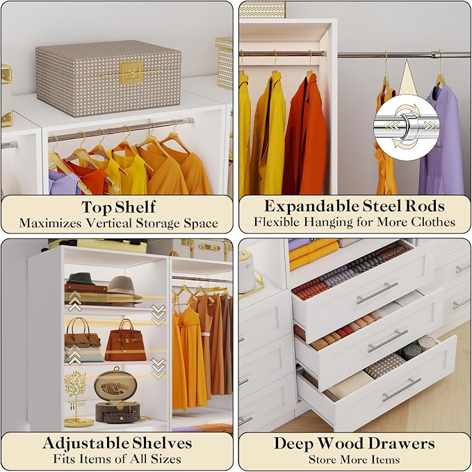 Closet System with 4 Sets, 8-21FT Closet Organizer System with 9 Drawers & 6 Shelves & 8Hanging Rods, Custom L-Shaped Walk in Closet Organizers and Storage System, Modular Closet Shelving System,White