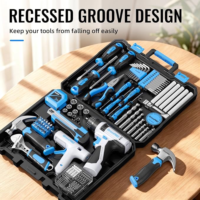 GRENPRO 188PC Blue Cordless Drill Tool Set for Wo&Men Tool Kit for Home Box | All-In-One Basic Household Tool Box, Glue Gun Accessories DIY, CR-V Steel, Sturdy Storage Case Auto Repair Kit For Men