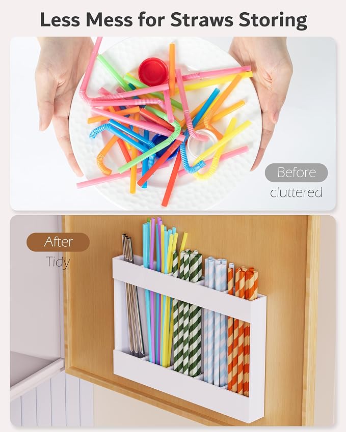 Acrylic Straw Holder & Organizer - Compact, Adhesive Tape Included for Easy Installation - Perfect for Countertops, Cabinets, or Kitchen Storage (White-5 Compartments)