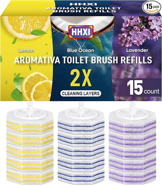 15Ct Aromative Toilet Brush Refills, Toilet Bowl Cleaner Refills, Double-Layer Cleaning Pads Added, Disposable Refill Heads for Toilet Bowl Cleaner Wands，Lemon, Blue Ocean, Lavender （Patented）