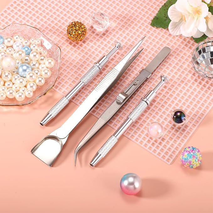 4pcs Sprinkles Tool for Cake Decorating, Jewelry Septum Earring Piercing Ball Bead Holder Screw on Grabber Tool Includes Claw Pen Pearl Grabber & Tweezers with Shovel Head Spoon for Cookie Cupcake