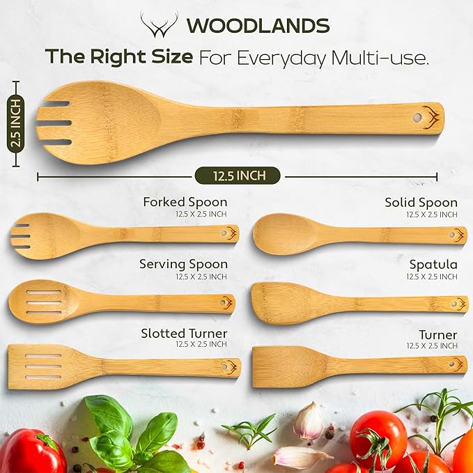 WOODLANDS USA Wooden Spoons for Cooking set of 6 – Premium Wooden Utensil set for everyday use – Versatile Cooking utensils set safe for nonstick pans – Durable wooden spoon kitchen utensils set