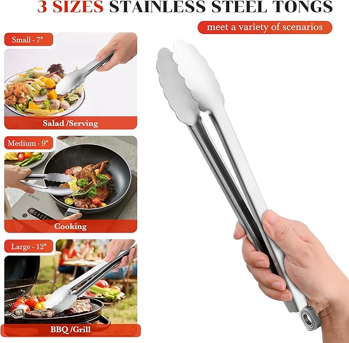 Kitchen Tongs for Cooking - 7 Inch & 9 Inch & 12 Inch Heat Resistant Stainless Steel Metal Locking Tong Grill Tongs BBQ Tong for Cooking, Grilling, BBQ/Barbecue, Food (All Metal - 7"+9"+12")