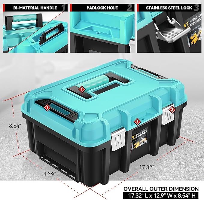 Auto Dynasty 17-Inch Tool Box, 2Pcs Toolboxes Organizer Storage with Removable Tray and Portable Handle for Garage Workshop Home Office Car Trunk, Blue