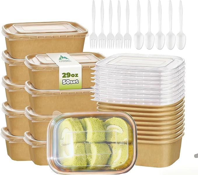 Kaderron 50 Pack 29 OZ Large Paper Bowls with Lids【with Spoons and Forks】, Heavy Duty Disposable Meal Prep Containers for Party, Disposable Bowls Bulk Soak-Proof and Microwave Safe for Hot/Cold Use