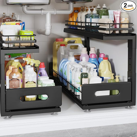 Under Sink Organizer Upgrade To Professional Rails,2-Tier Dual Pull Out Cabinet Storage,Height Adjustable Slide Out Drawers For Bathroom Kitchen,2 Pack-21"Dx12.8"-16.9"H,Black