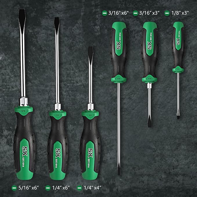 SK 6-Piece Slotted Screwdriver Set, Magnetic Screwdriver Set, S2 Steel | Heat-Treated Chrome Plating Shaft, Black Oxide Tip, SureGrip Handle