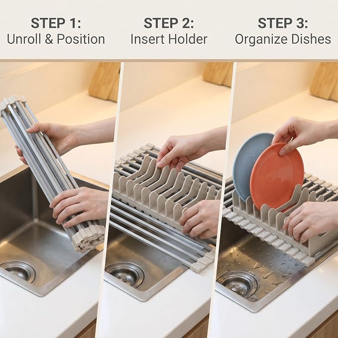 Small Aluminum Roll Up Dish Drying Rack with Removable Dish Holder (9" × 13") for Camping, RV, Camper, Boat & Narrow Sinks, Rust-Proof Square Bar, Beige