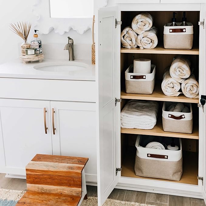 OrganiHaus Small Fabric Storage Baskets 3 Pack, 12x8in Cloth Storage Bins for Shelves, Small Baskets for Organizing Bathroom Pantry Closet, Canvas Shelf Baskets, Beige/Off-White