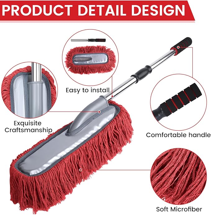 IPELY 2 Pack Large Car Duster Exterior Scratch Free with Extendable Handle and Car Duster Interior, Wax Cotton Hair Dusters (Red)