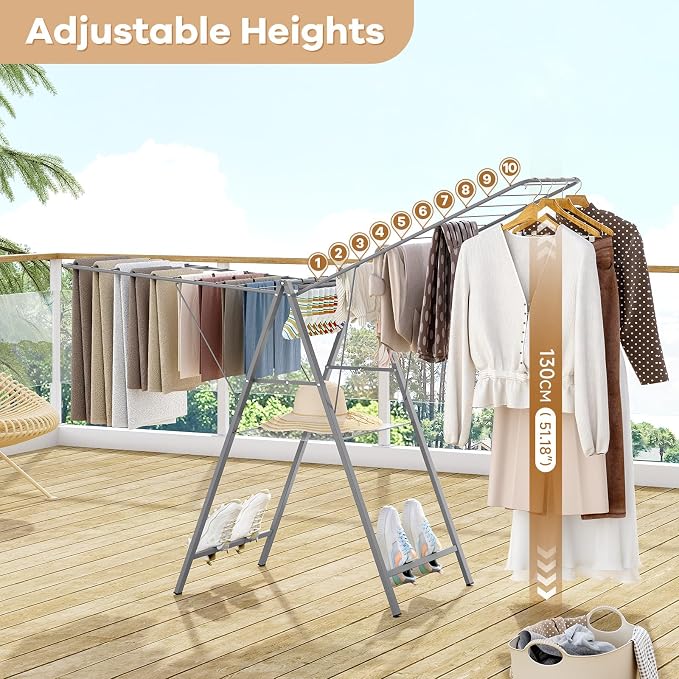 APEXCHASER 6 Height Adjustable Clothes Drying Rack with Shoe Slots, Grey | Pre-Assembled, Stable Load Structure, 22 Drying Rails, Foldable Space-Saving For Efficient Indoor & Outdoor Airflow Drying