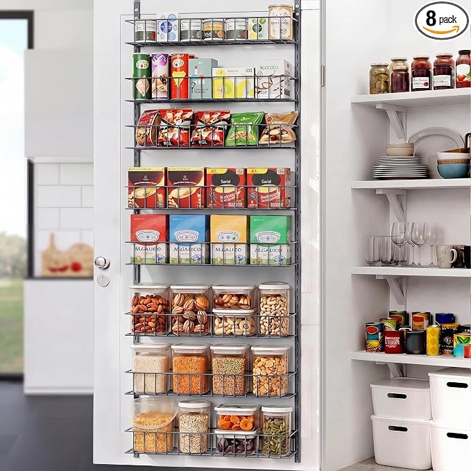 ElegantArray 8-Tier Pantry Door Organizer, Deep Gray | Over The Door, Hanging Spice Rack Shelves, Home Office Laundry Room Bathroom & Kitchen, Rack and Storage