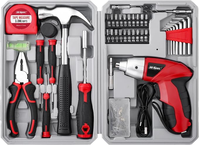 Hi-Spec 4V USB Electric Screwdriver Tool Kit for Home Repairs, Red | 42pc, fast assembly help, common screw bit selection, LED visibility, compact grip, quick household fixes, organized storage