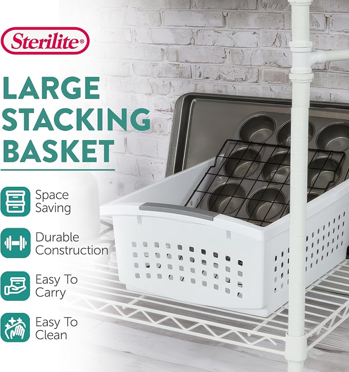 Sterilite 8 Pack Large Stacking Basket, Open Top Storage Bin with Handles, White - Ideal for Home Closets, Kitchens, or Office Organization