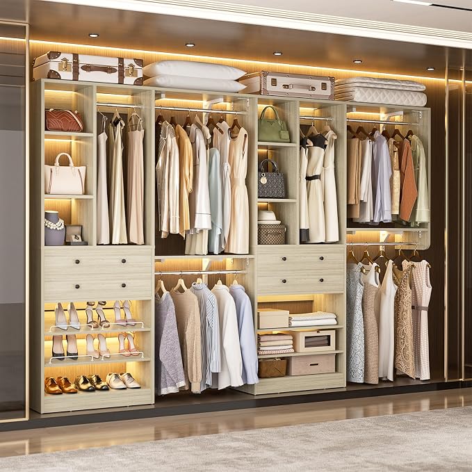 Besiost Closet System - 120"/10FT, 151.2"/12.6FT Closet System with Drawers, Built-in Closet Organizer System with Reversible Hanging Shelving and Hanging Rods, Greige Oak Set of 2