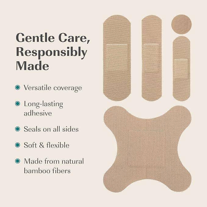 FEBU PFAS Free Bamboo Fabric Bandages, 200 Count Bulk Variety | Eco-Friendly, For Scrapes & Cuts, Flexible Fabric, Fully Compostable, Latex Free