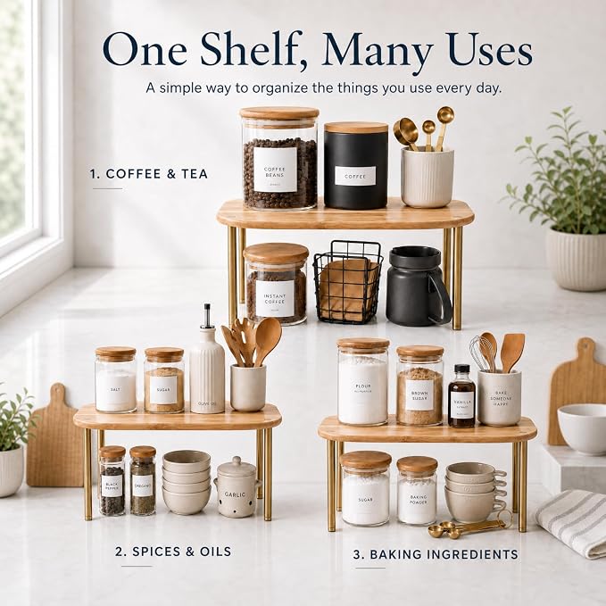 Ibyx Cabinet Organizer Set of 2 - Kitchen Pantry Organizers and Storage with Bamboo Top & Brass-Effect Metal Legs - for Kitchen Counter & Stackable Shelves for Cabinets with 22 lb Capacity - Brown