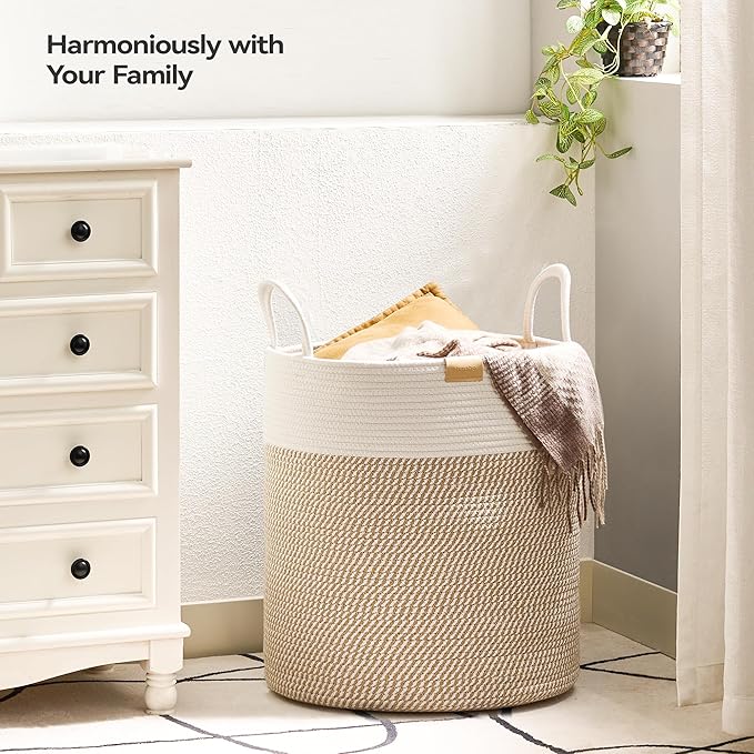Nunsino 80L Laundry Hamper Basket,Baby Nursery Woven Storage Basket for Toys Bin,Pillows,Blankets,Clothes,Brown&White