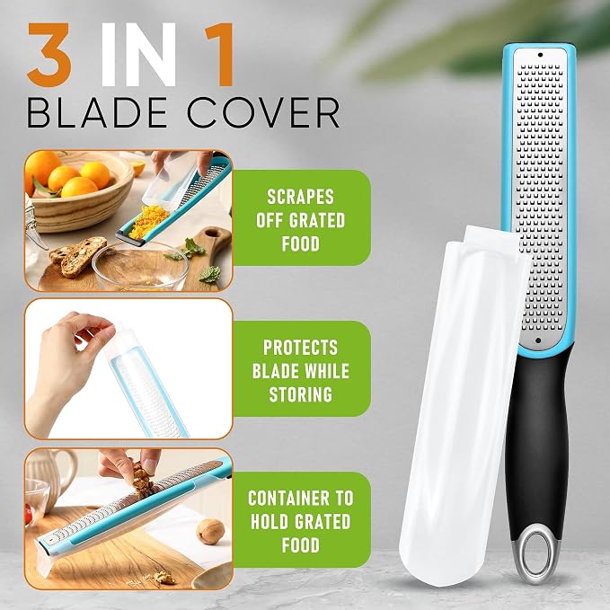 Spring Chef Premium Lemon Zester Grater with Handle - Fruits, Garlic, Chocolate, Ginger Grater - Heavy Duty Kitchen Tool - Stainless Steel Citrus Zester with Blade Cover - Fine Shred - Aqua Sky