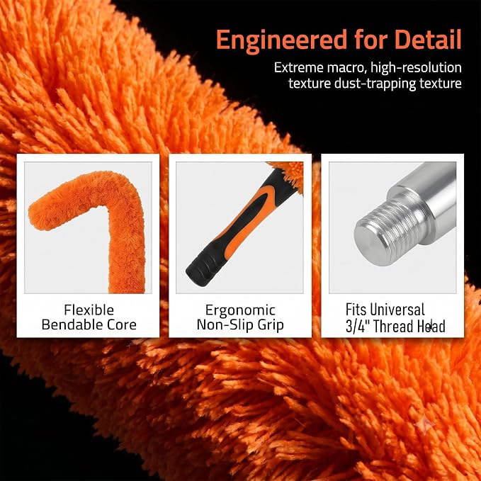 Microfiber Feather Duster for Telescopic Extendable Pole, Cleaning Duster Kit with Bendable Head & Scratch-Free Protective Tip, Washable Dusting Brush for Cleaning Ceiling Fans, Blinds, Furniture, Car