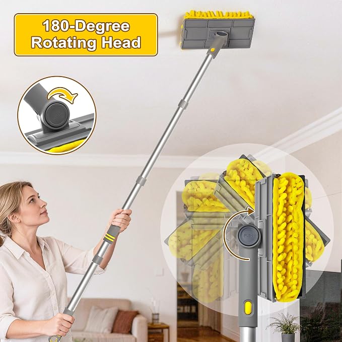 JEHONN 77” Ceiling Fan Cleaner Duster with Extra Bendable Chenille Dust Cleaning Tool, Detachable Washable Mop for Baseboard, Blinds, Walls, Floors & Car Interiors (Yellow)