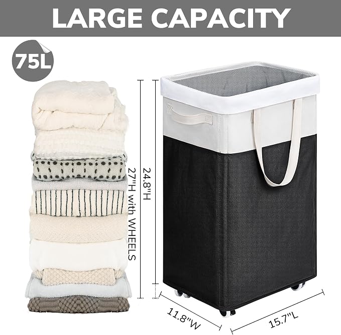 Goodpick 75L Rolling Laundry Basket with Wash Bag, Laundry Hamper for Dorm | Laundry Hamper with Wheels & Handles for Dirty Clothes, Clothes Hamper, Dorm Room Essentials, Black & White