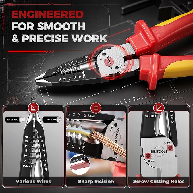 BILITOOLS High Leverage 1000V Insulated Pliers Set, Cr-Mo Electrician Tools | 8" Lineman, Needle Nose, Wire Stripper & 7" Diagonal Cutting Pliers, Multipurpose Stripping & Cutting, Electrician Tools