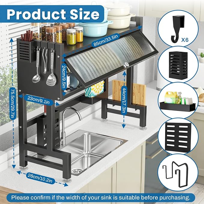 Over the Sink Dish Drying Rack – 3 Tier with Cover, Space-Saving Dish Drainer Organizer for Dishes, Glasses, Bowls & Cutlery, Tidy Kitchen Counter Storage Solution