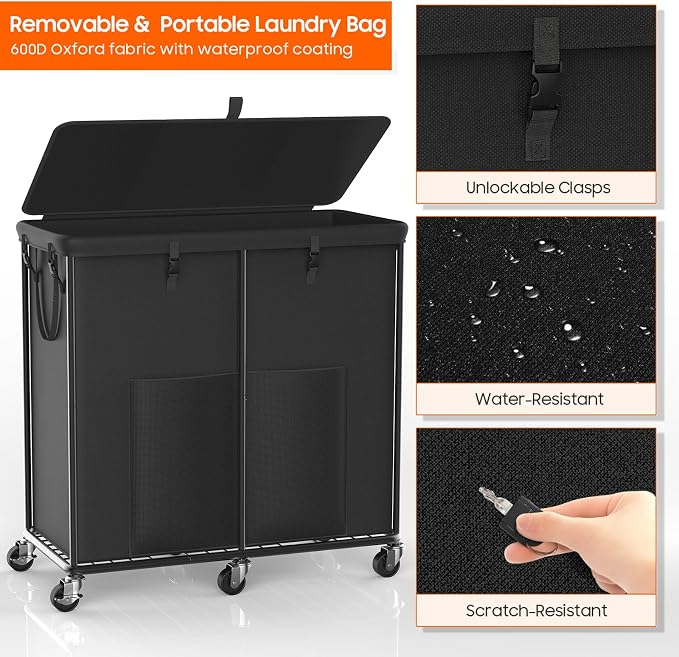 80 GAL Laundry Hamper with Lid & Wheels, Rolling Laundry Basket with Bag | Sturdy Metal Frame | Laundry Bag with Handles| Large & Tall Clothes Hampers for Laundry Room, Bedroom, Dorm, Bathroom-Black