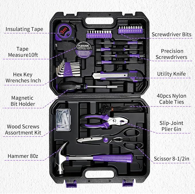 General Household Tool Set - Purple Hand Tool Kit with Waist Pouch & Gloves, Tool Kit for Women Everyday Home Repairs, DIY and Crafts, 112 pcs