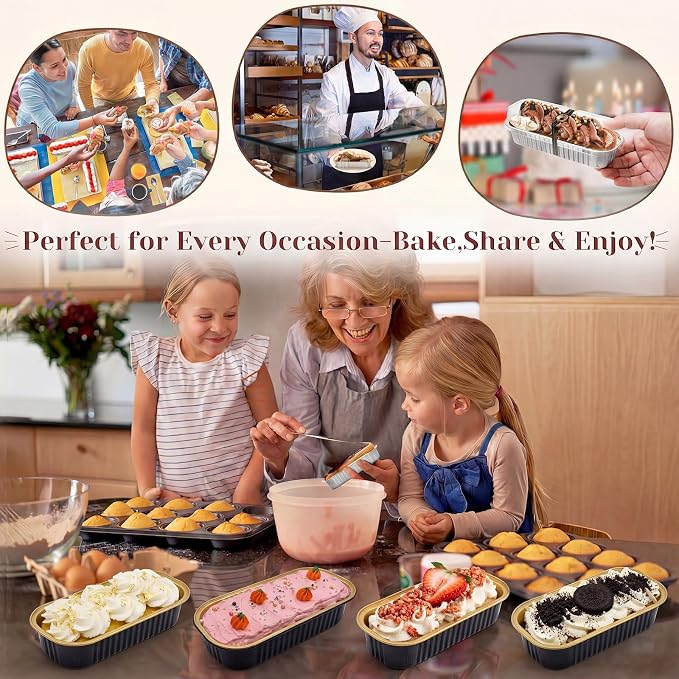 YQER 100 Pack Black Mini Cake Pans with Lids and Spoons, 6.8 oz Disposable Aluminum Foil Mini Loaf Pans with Stickers, Elegant Dessert Cake Tins Containers for Wedding, Parties, Bake Sales and Gifts