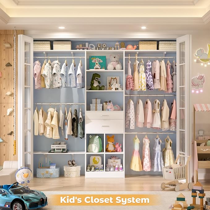 Besiost Closet System - 5-8FT Closet Organizer System with Wooden Drawers & Cube Storage Organizer, Up To 96" Closet Systems for Nursery & Walk-In Closets with Cuttable Hanging Shelving, White
