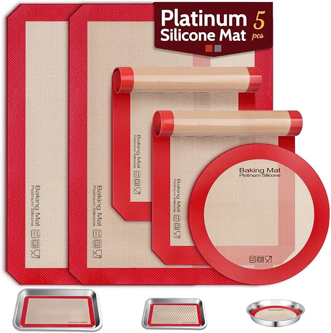 Sopito 5PCS Non Stick Platinum Silicone Baking Mat for Half Sheet & Quarter Baking Sheet and 9'' Pizza Pan, Reusable & Food Safe Heat Proof Up to 480℉ Cooking Mat, Red