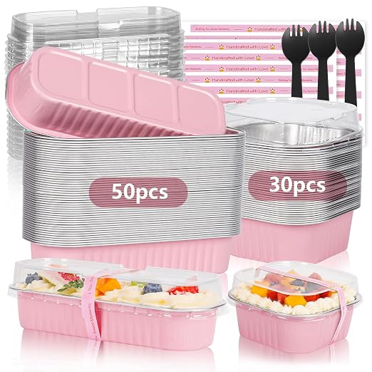 YQER Mini Loaf Pans with Lids for Baking Bread Disposable, 50Pcs 6.8oz Mini Cake Pans with Lids and Spoons Pink Sticker & 30Pcs 10oz Square Aluminum Pans Kit, Dessert Foil Baking Cupcake Tins