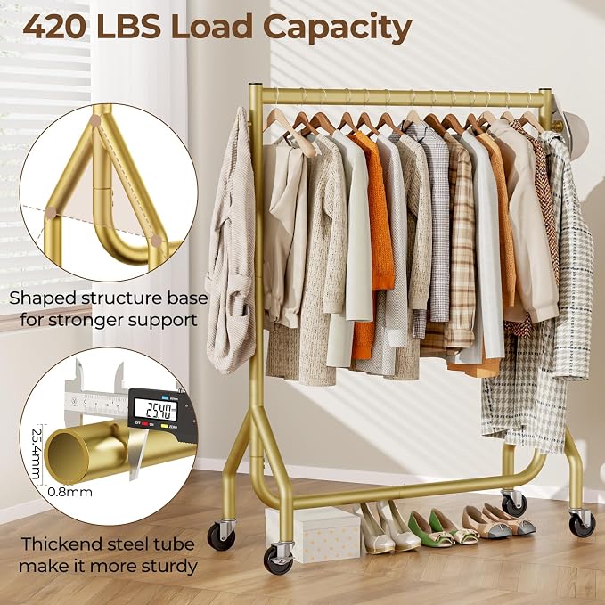 HYSEYY Clothes Clothing Rack, Rolling Heavy Duty Clothes Rack Load 420 LBS With Wheels, Metal Clothes Rack for Hanging Clothes, Portable Standing Clothes Garment Rack,Gold,48 inches
