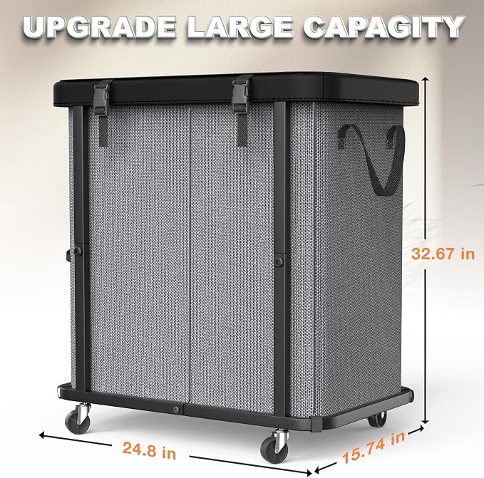 Laundry Basket with Wheels,190L (50 Gal) Laundry Hamper 2 Setion - Gray | Leather Patchwork,Sturdy Metal Frame, Removable Washable Bag, Tall Clothes Sorter for Bedroom