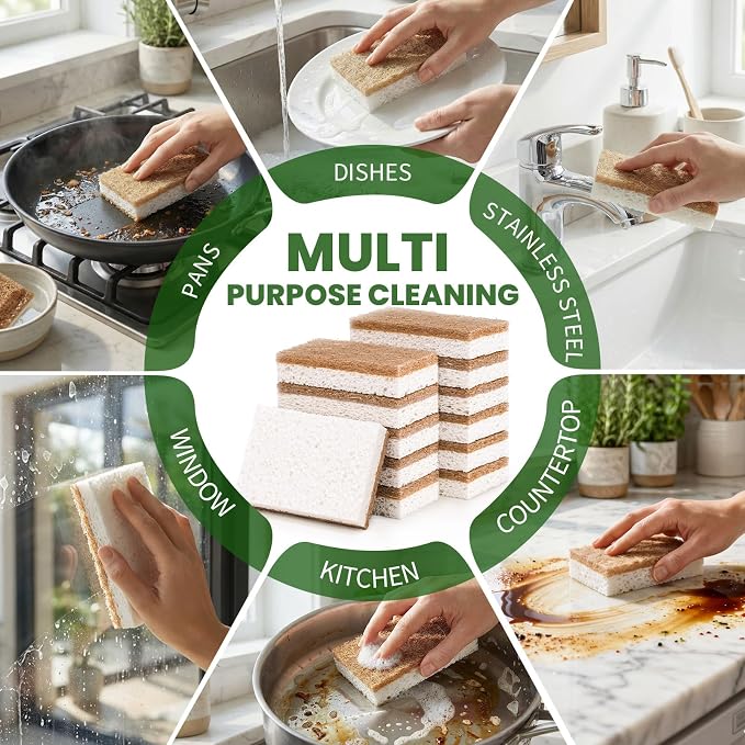 Metflavor Kitchen Sponges, 12 Count, Natural Non-Scratch Cellulose Sponge with Coconut Scrubber for Dishes, Biodegradable & Compostable, Non Toxic Cleaning Sponges for Kitchen, Bathroom, Household